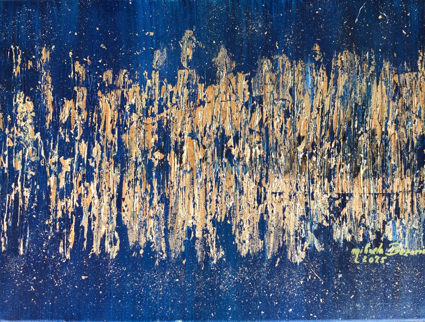 Pictură abstractă originală în nuanțe de albastru și auriu, Mihaela Bozariu